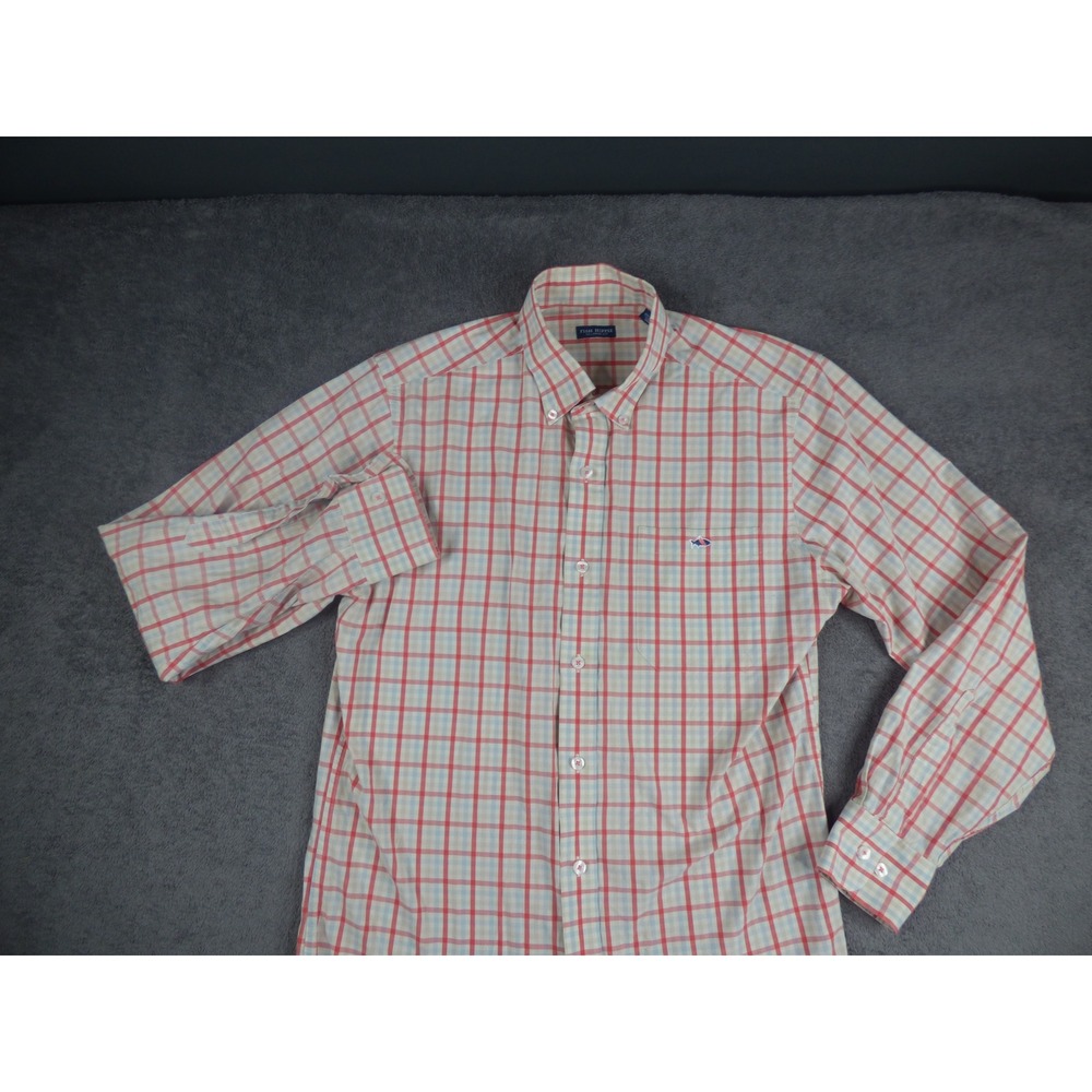Fish Hippie Mens Tailored Fit Plaid Button Down Shirt Red Blue Tan Size M